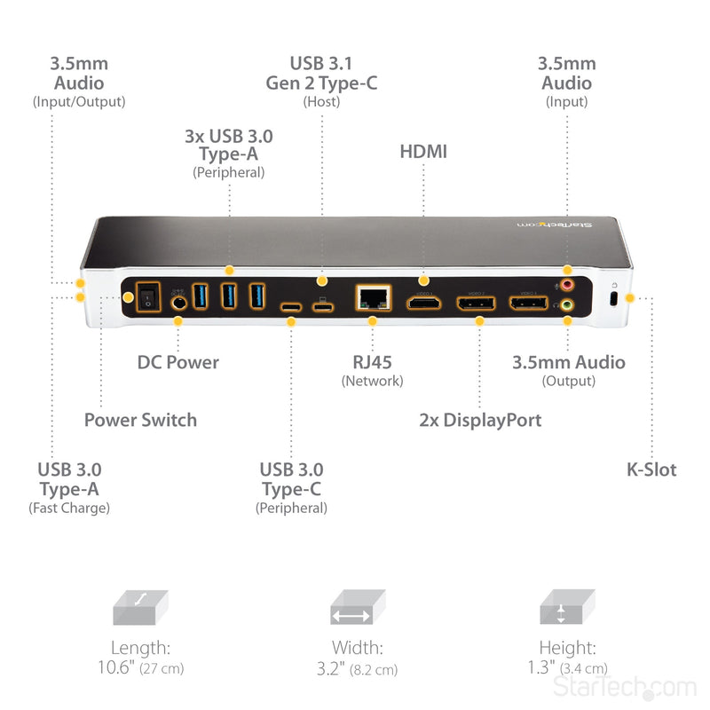 StarTech USB-C Dock - 4K Triple Monitor Laptop Docking Station with Dual DisplayPort & HDMI - 100W Power Delivery - USB-C, 4x USB-A Hub - USB 3.1 Gen 1 Type-C Dock - Windows & MacBook