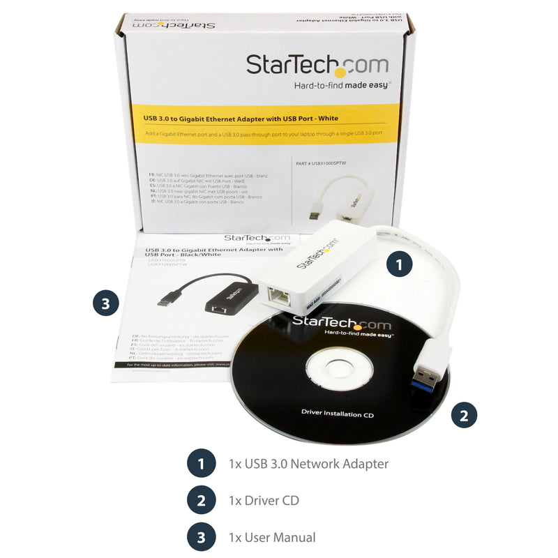 StarTech USB 3.0 to Gigabit Ethernet Adapter NIC w/ USB Port - White