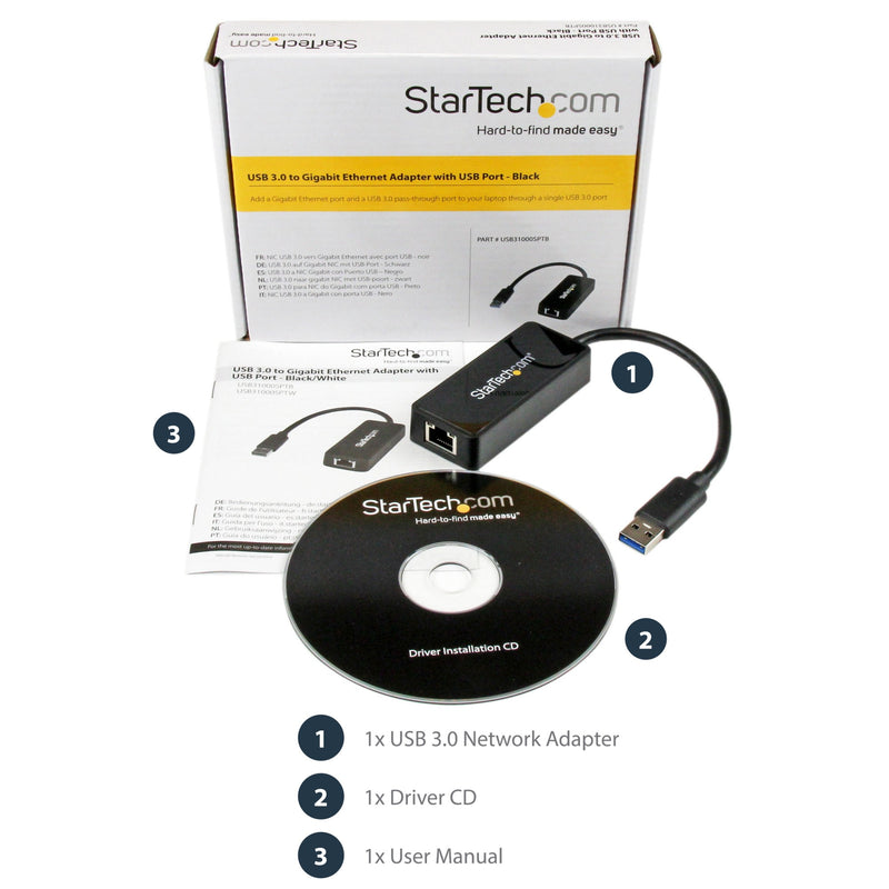 StarTech USB 3.0 to Gigabit Ethernet Adapter NIC w/ USB Port - Black