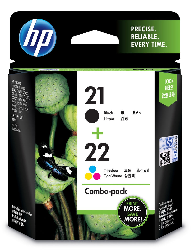 HP CC630AA NO 21 BLACK AND NO 22 TRI COLOUR INK CARTRIDGE COMBO PACK