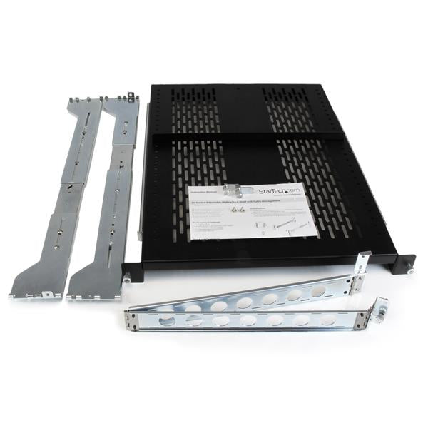 StarTech 2U Vented Sliding Server Rack Shelf w/ Cable Management Arm - 27.6 to 31.6in Adjustable Mounting Depth - 125lb - 19” Server Tray Shelf for Equipment Rack - 24in Deep