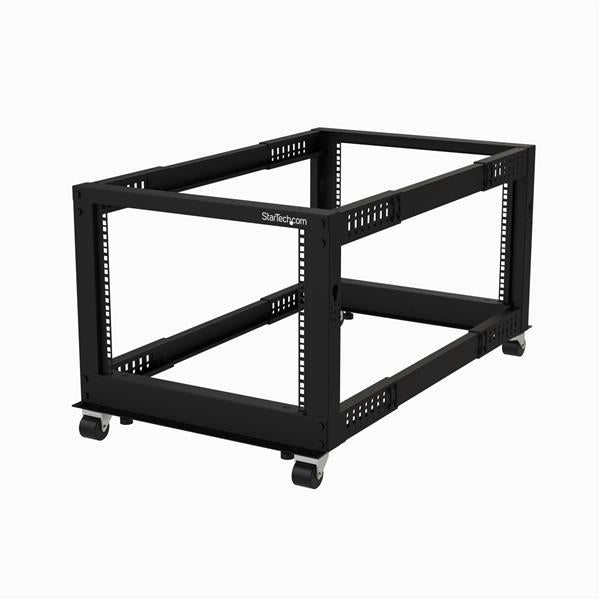 StarTech 4-Post 8U Mobile Open Frame Server Rack, Four Post 19in Network Rack with Wheels, Small Rolling Rack with Adjustable Depth for Computer/AV/Data/IT Equipment - Casters, Leveling Feet or Floor Mounting