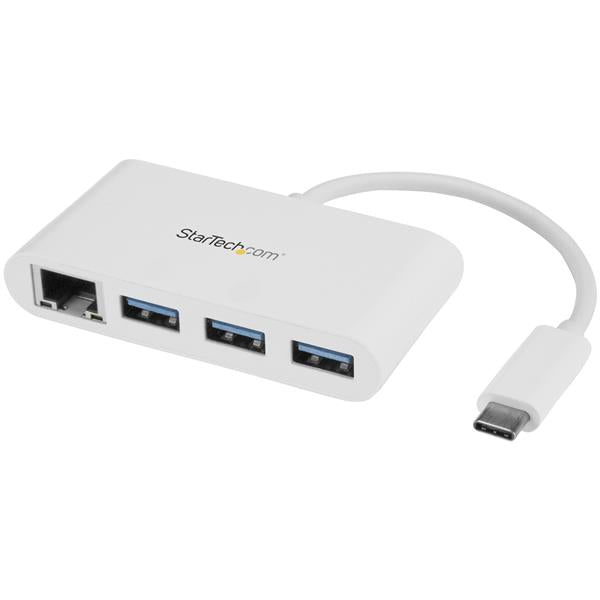 StarTech 3-Port USB-C Hub with Gigabit Ethernet - USB-C to 3x USB-A - USB 3.0 Hub - White~3-Port USB-C Hub with Gigabit Ethernet - USB-C to 3x USB-A - USB 3.0 Hub - 5Gbps - White