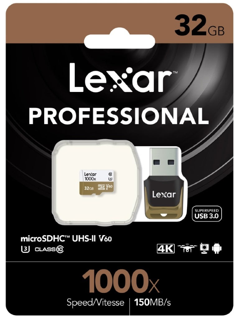Lexar Professional 1000x 32GB microSDHC UHS-II Card - Up to 150MB/s Read/90MBs Write/ UHS-II Card Adapter/
