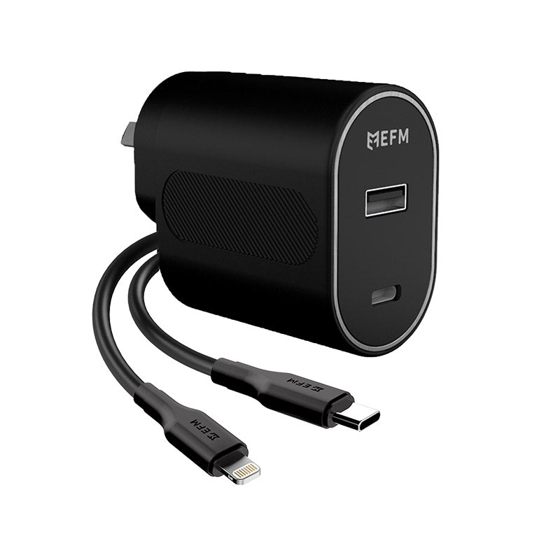 EFM 60W Dual Port Wall Charger With Type C to Lightning Cable 1M - Black (EFPW60U938BLA), Dual USB ports