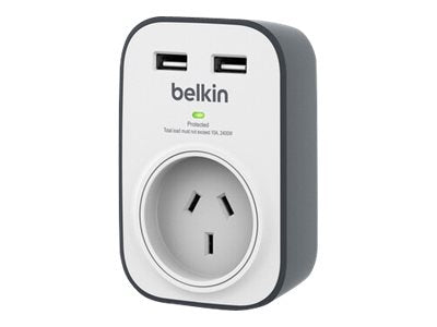 BELKIN 1 OUTLET SURGE PROTECTOR WITH 2 USB PORTS (2.4A), SURGECUBE, 2YR WTY