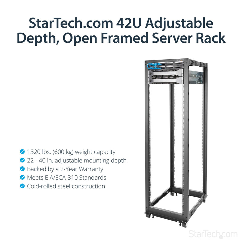 StarTech 42U 19" Open Frame Server Rack - 4 Post Adjustable Depth 23-41" Mobile - Free Standing Rolling Network/Computer Equipment Data Rack - Dell PowerEdge HP ProLiant ThinkServer