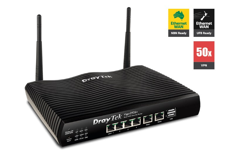 Draytek Vigor2926N Dual WAN Gigabit Broadband Router Wireless N Firewall 50xVPNs 2xGigabit WAN 4xGigabit LAN
