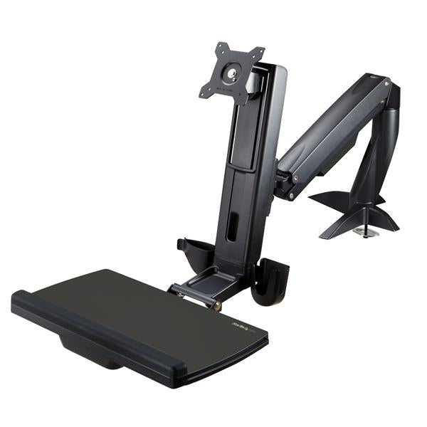 StarTech Sit Stand Monitor Arm - Desk Mount Adjustable Sit-Stand Workstation Arm for Single 34" VESA Mount Display - Ergonomic Articulating Standing Desk Converter with Keyboard Tray