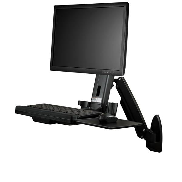 StarTech Wall Mount Workstation - Articulating Full Motion Standing Desk with Ergonomic Height Adjustable Monitor & Keyboard Tray Arm - Mouse & Scanner Holders - Single VESA Display