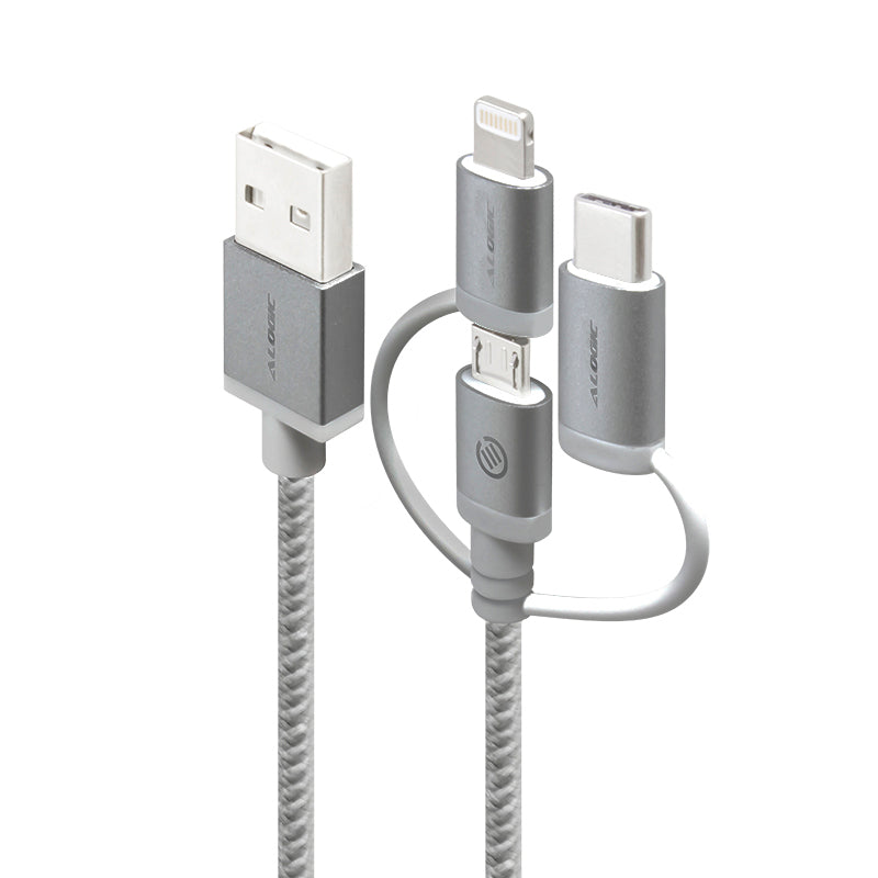 ALOGIC 3-in-1 Charge & Sync Cable - Micro USB Lightning & UBS-C - 30cm Space Grey - PRIME Series (Apple Certified)