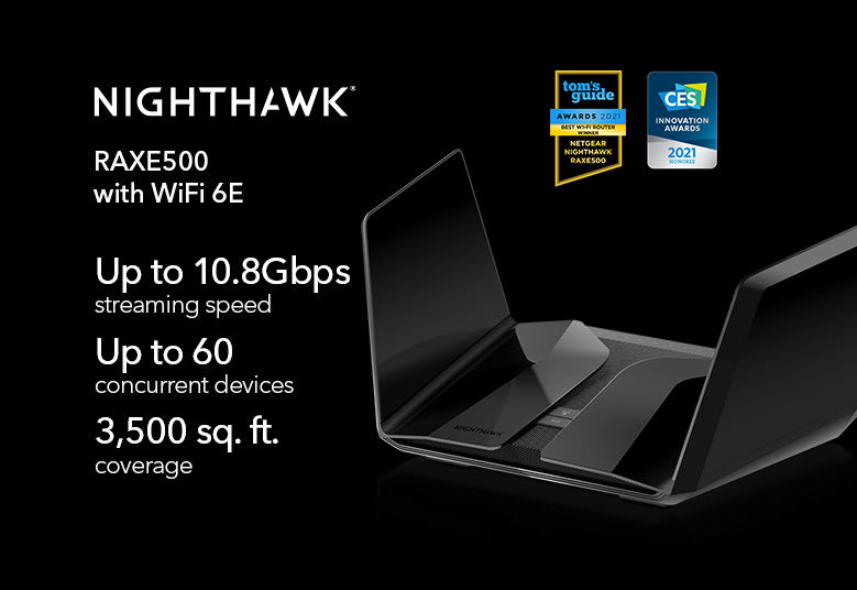 NETGEAR Nighthawk RAXE500-100APS wireless router Gigabit Ethernet Tri-band (2.4 GHz / 5 GHz / 6 GHz) Black