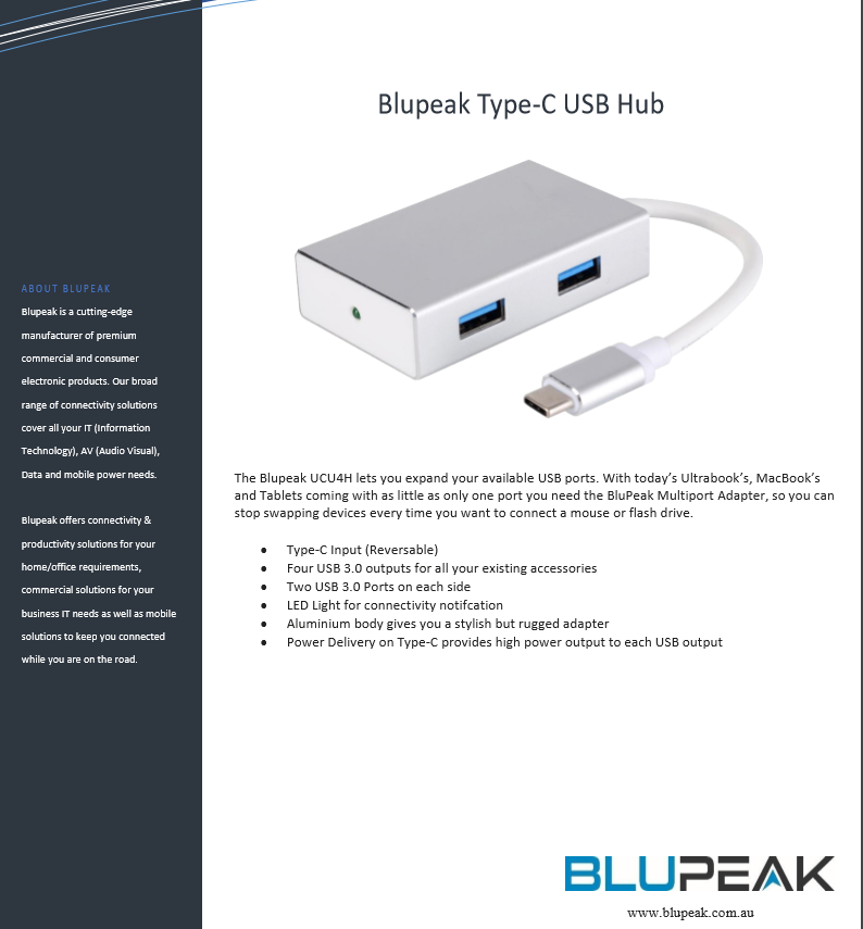 BLUPEAK USB-C TO 4 X USB-A 3.0 HUB (2 YEAR WARRANTY)