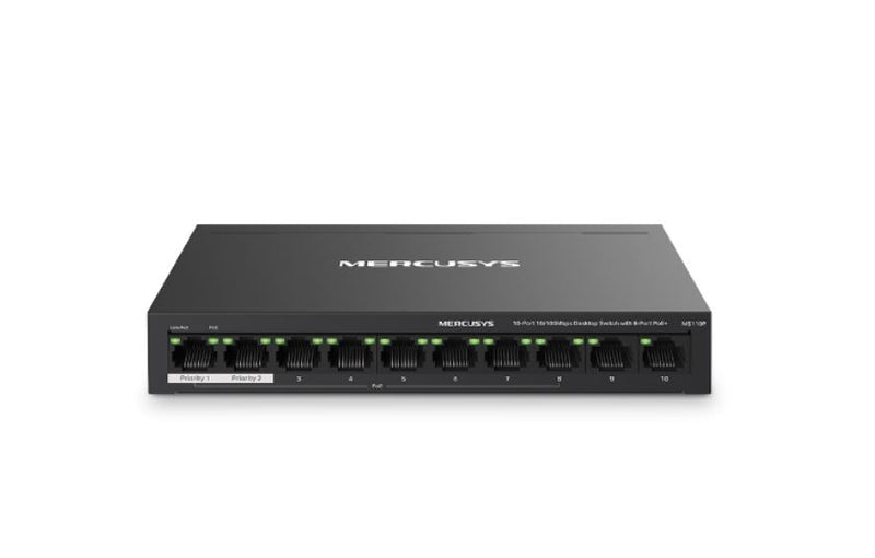 TP-LINK Mercusys MS110P 10-Port 10/100Mbps Desktop Switch with 8-Port PoE+, Up to 250 m