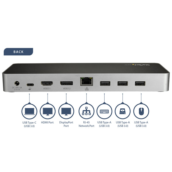StarTech USB C Dock - Dual Monitor HDMI & DisplayPort 4K 30Hz - USB Type-C Laptop Docking Station 60W Power Delivery, SD, 4-port USB-A 3.0 Hub, GbE, Audio - Thunderbolt 3 Suitable