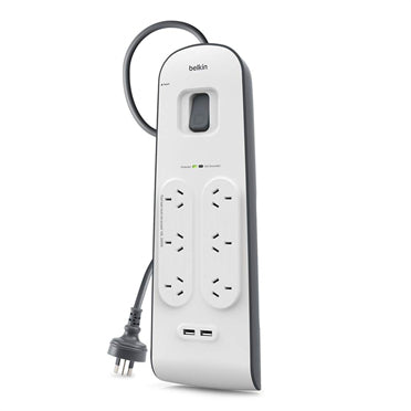 New Genuine Belkin 6 Outlet Surge Protector 6x AC, 2x USB 2.4A, 650 J With 2m Cord With 2 USB Ports (2.4A)