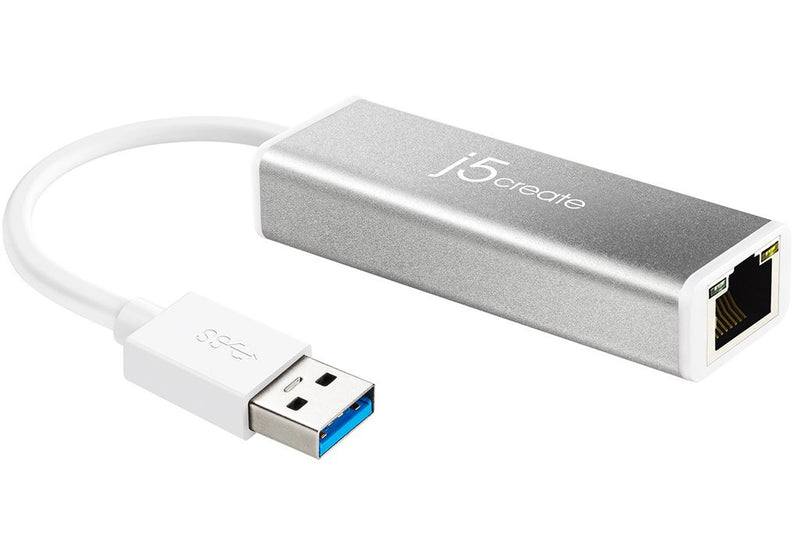 j5create JUE130 USB™ 3.0 Gigabit Ethernet Adapter, Silver and White
