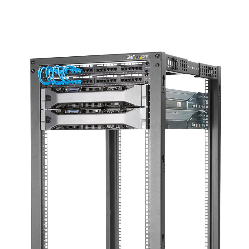 StarTech 4-Post 15U Mobile Open Frame Server Rack, Four Post 19" Network Rack with Wheels, Rolling Rack with Adjustable Depth for Computer/AV/Data/IT Equipment - Casters, Leveling Feet or Floor Mounting