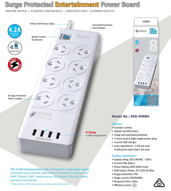Sansai PAD-4088H surge protector White 8 AC outlet(s) 230 - 240 V 1 m