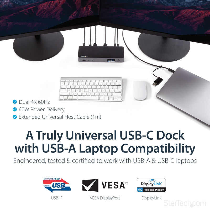 StarTech USB-C & USB-A Dock - Hybrid Universal Laptop Docking Station with Dual Monitor 4K60Hz HDMI & DisplayPort - USB 3.1 Gen 1 Hub, GbE - 60W Power Delivery - Windows, Mac & Chrome
