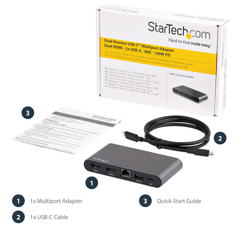 StarTech USB C Dock - 4K Dual Monitor HDMI Display - Mini Laptop Docking Station - 100W Power Delivery Passthrough - GbE, 2-Port USB-A Hub - USB Type-C Multiport Adapter - 3.3' Cable