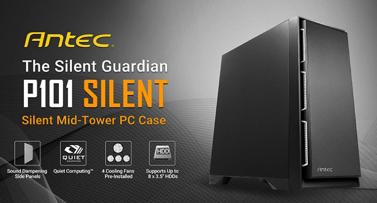 Antec P101 Silent ATX, E-ATX Case, 1x 5.25', 2x 2.5' SSD, 8x 3.5' HDD. VGA up to 450mm, CPU Height 180mm.