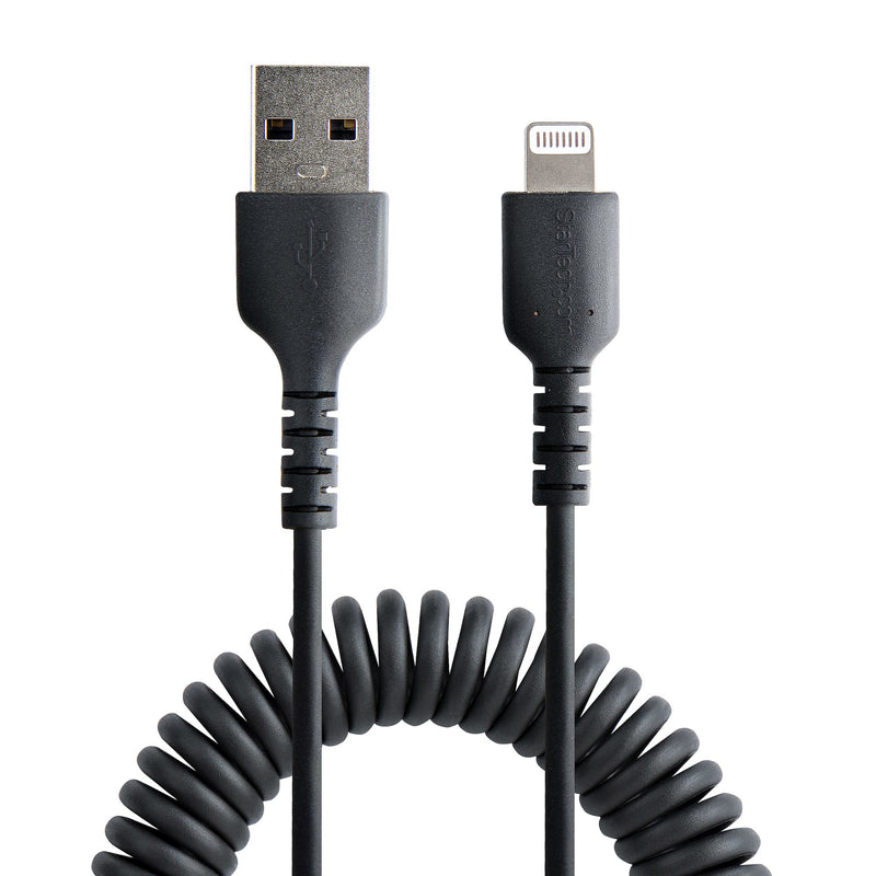 StarTech 50cm (20in) USB to Lightning Cable, MFi Certified, Coiled iPhone Charger Cable, Black, Durable TPE Jacket Aramid Fiber, Heavy Duty Coil Lightning Cable
