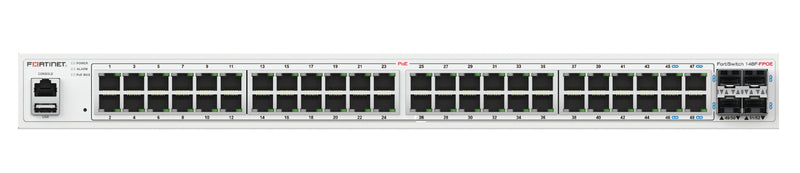 Fortinet FortiSwitch-148F-FPOE is a performance/price competitive L2+ management switch with 48x GE port + 4x SFP+ port + 1x RJ45 console. Port 1- 48 are POE ports with automatic Max 740W POE output limit (48 port 802.3af or 24 port 802.3at)