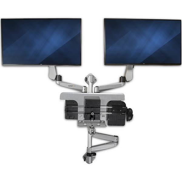 StarTech Wall Mount Workstation - Articulating Standing Desk with Ergonomic Height Adjustable Dual Monitor Arm & Keyboard Tray - 2x 30" VESA Displays - Foldable Wall Mounted Sit Stand