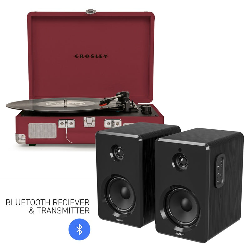 Crosley Cruiser Bluetooth Portable Turntable - Burgundy + Bundled Majority D40 Bluetooth Speakers - Black