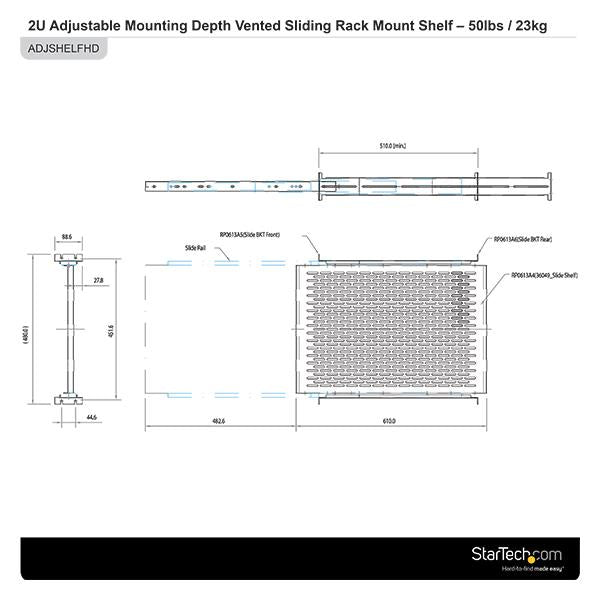 StarTech 2U Sliding Server Rack Mount Shelf - 20 to 30in Adjustable Mounting Depth - Vented - 50lb - Heavy Duty Universal 19” Rack Shelf for Equipment Rack - 24in Deep