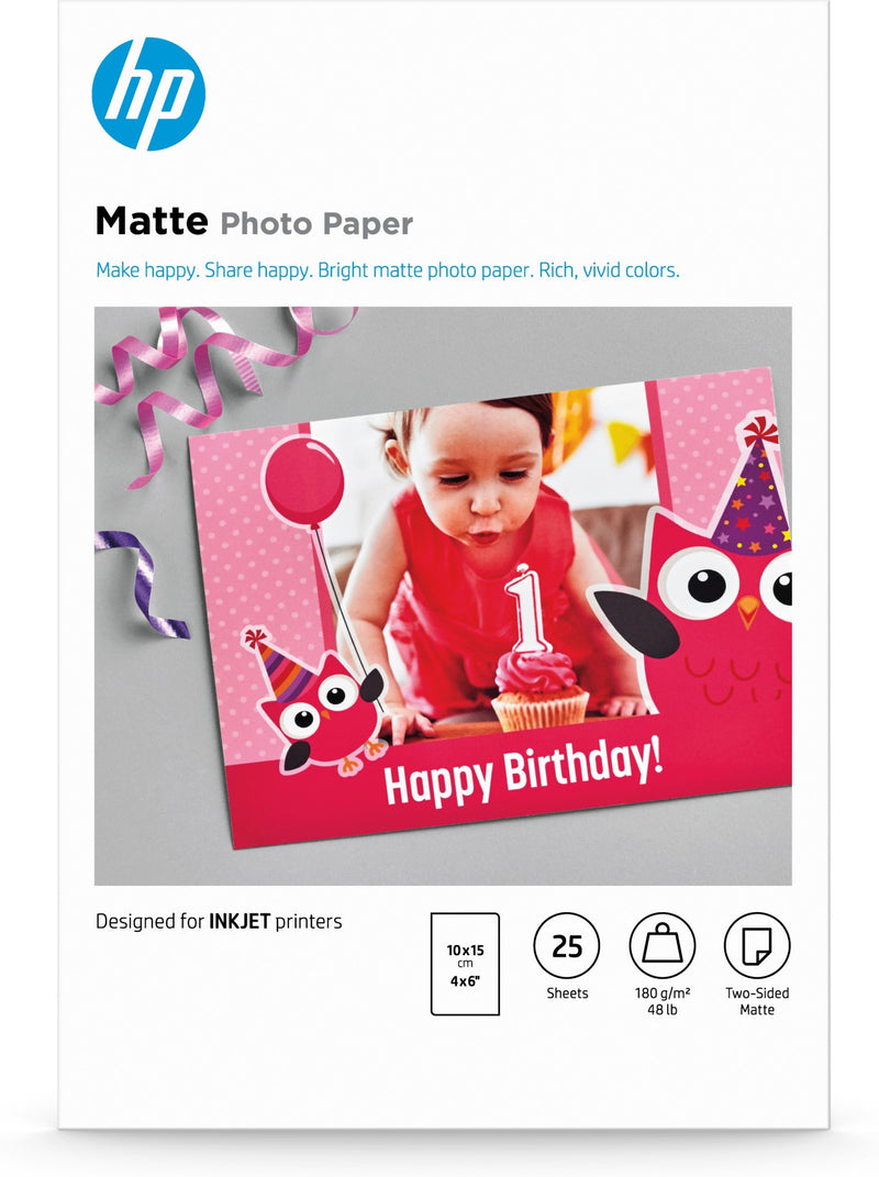 HP Matte Photo Paper, 180 g/m2, 10 x 15 cm (101 x 152 mm), 25 sheets
