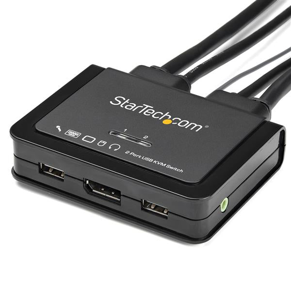 StarTech 2 Port DisplayPort KVM Switch - 4K 60Hz - Compact Dual Port UHD DP 1.2 USB Desktop KVM Switch with 4ft Cables & Audio - Bus Powered & Remote Switching - MacBook ThinkPad