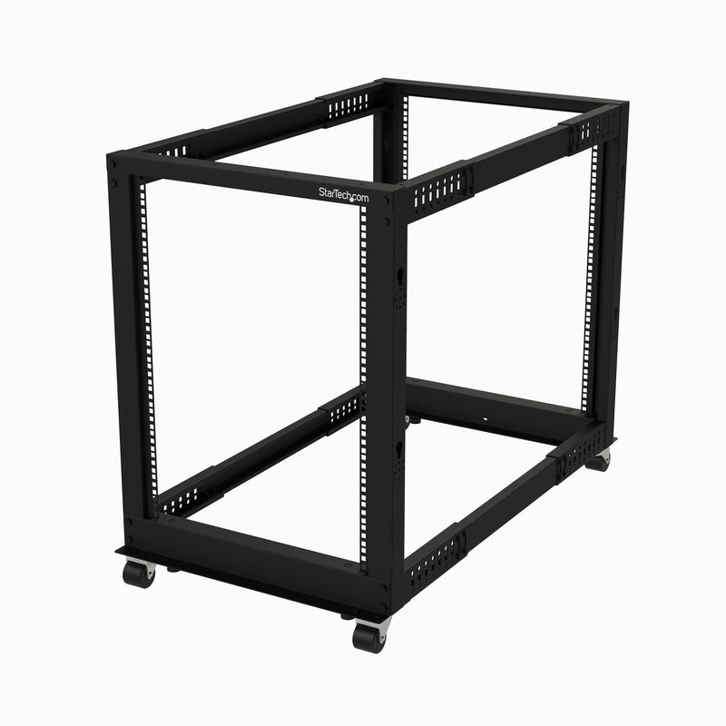 StarTech 4-Post 15U Mobile Open Frame Server Rack, Four Post 19" Network Rack with Wheels, Rolling Rack with Adjustable Depth for Computer/AV/Data/IT Equipment - Casters, Leveling Feet or Floor Mounting