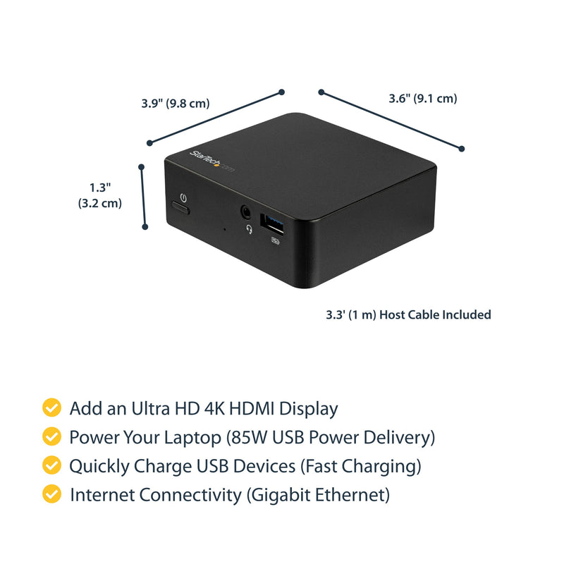 StarTech USB-C Dock - Single Monitor 4K 30Hz HDMI Laptop Docking Station with 85W Power Delivery, 4pt USB 3.0 Hub, Gb Ethernet, Audio - Compact USB 3.1 Gen 1 Type-C Dock - Mac & PC