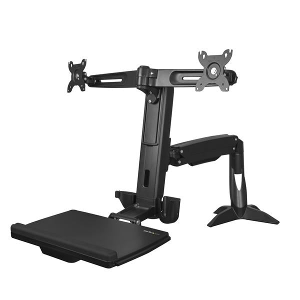 StarTech Sit Stand Dual Monitor Arm - Desk Mount Dual Computer Monitor Adjustable Standing Workstation for up to 24" Displays - VESA Ergonomic Stand Up Desk Converter w/ Keyboard Tray