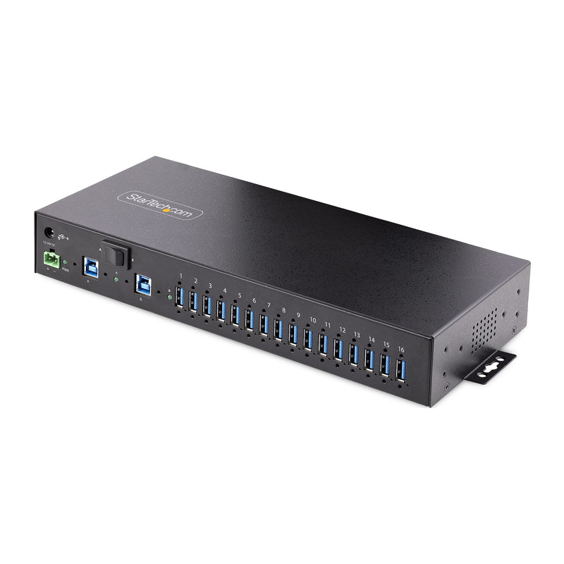 StarTech 16-Port Industrial USB 3.0 Hub 5Gbps, Metal, DIN/Surface/Rack Mountable, ESD Protection, Terminal Block Power, up to 120W Shared USB Charging, Dual-Host Hub/Switch