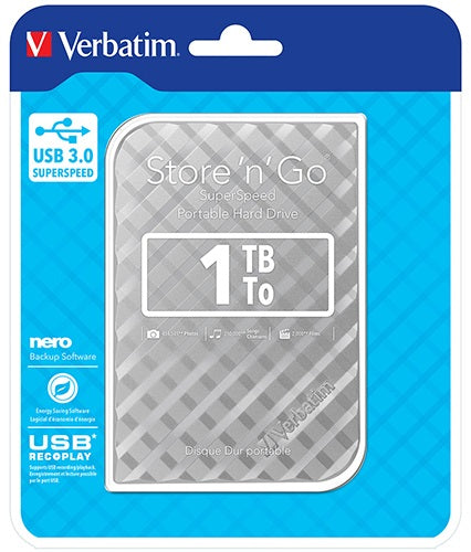 VERBATIM 1TB 2.5' USB 3.0 Silver. Store'n'Go HDD Grid Design, Nero Backup Software,Supports USB Recording/ Pl