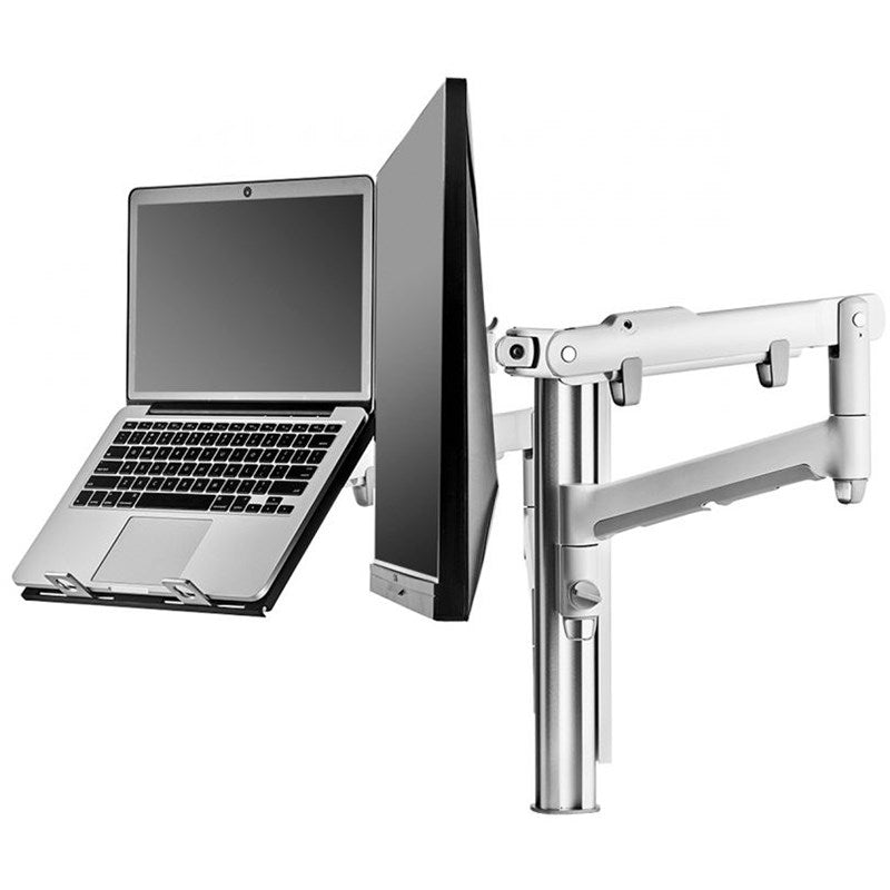 ATDEC AWM Dual Arm Solution - Dynamic Arms  - 135mm post - F Clamp - Silver w/ Notebook Tray
